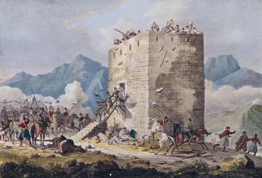 Der Widerstand von vierzig griechischen Rebellen in einem Turm in Theben im Jahr 1833